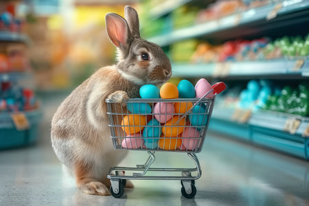 Easter bunny standing with shopping cart of Easter eggs in supermarket.の素材
