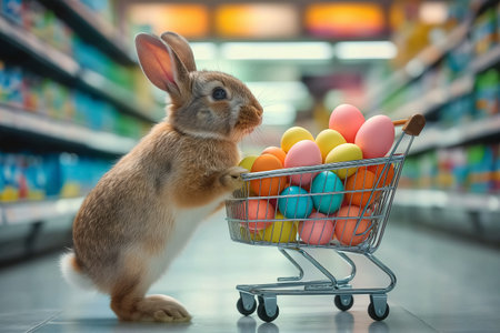 Easter bunny standing with shopping cart of Easter eggs in supermarket.の素材