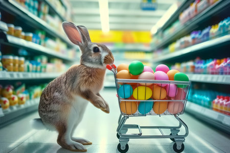 Easter bunny standing with shopping cart of Easter eggs in supermarket.の素材