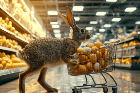 Easter bunny standing with shopping cart of Easter eggs in supermarket.の素材