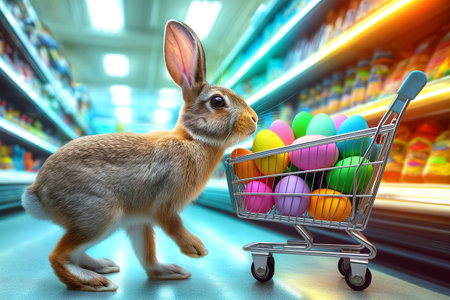 Easter bunny standing with shopping cart of Easter eggs in supermarket.の素材