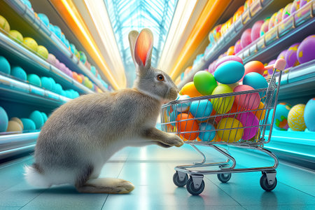 Easter bunny standing with shopping cart of Easter eggs in supermarket.の素材