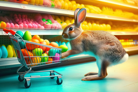Easter bunny standing with shopping cart of Easter eggs in supermarket.の素材