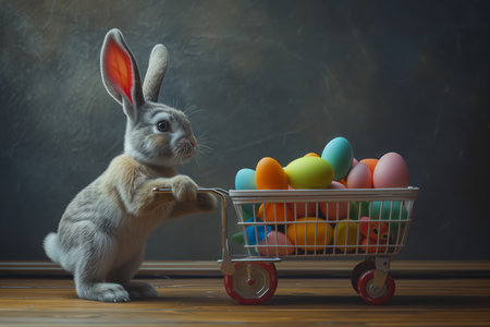Easter bunny pushing shopping cart full of Easter eggs on gray background. space for text.の素材