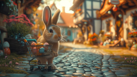 Easter bunny standing with shopping cart full of Easter eggs on the street.の素材