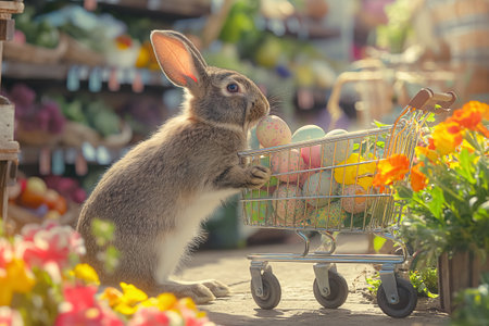 Easter bunny standing with shopping cart full of Easter eggs on the street.の素材