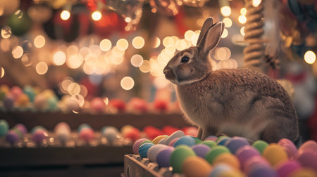 Easter bunny on the Easter market outdoor near the counter of Easter eggs.の素材