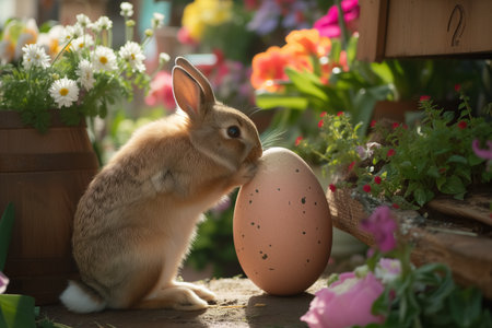 easter fluffy baby rabbit with big easter egg in garden. Symbol of easter day festival. eggs huntの素材