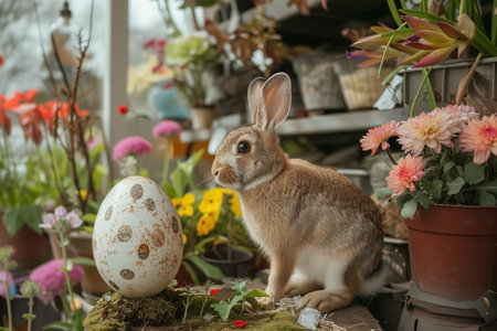 easter fluffy baby rabbit with big easter egg in garden. Symbol of easter day festival. eggs huntの素材