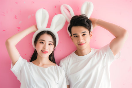 Happy Asian couple in bunny ears on pink background. Easter concept.の素材