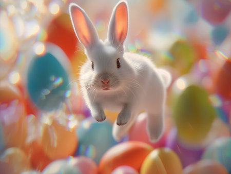 Cute bunny jumping around easter eggs. Concept of happy easter day. space for text.の素材
