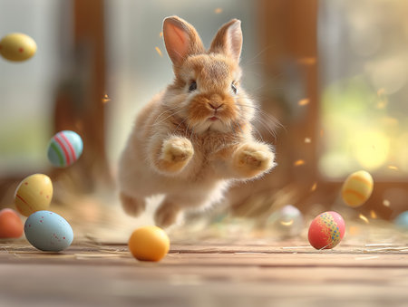 Cute bunny jumping around easter eggs. Concept of happy easter day. space for text.の素材
