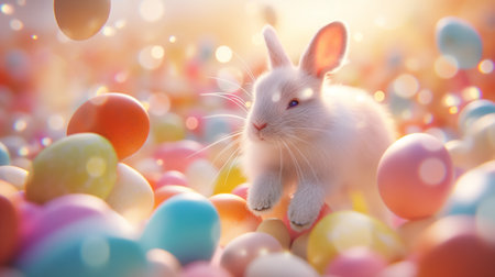 Cute bunny jumping around easter eggs. Concept of happy easter day. space for text.の素材