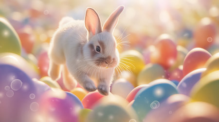 Cute bunny jumping around easter eggs. Concept of happy easter day. space for text.の素材