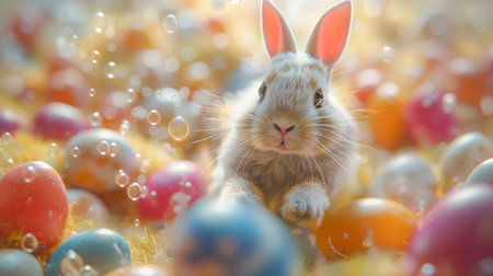 Cute bunny jumping around easter eggs. Concept of happy easter day. space for text.の素材