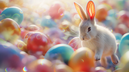 Cute bunny jumping around easter eggs. Concept of happy easter day. space for text.の素材
