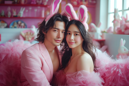 Happy Asian couple in bunny ears on festive background. Easter concept.の素材
