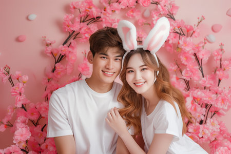 Happy Asian couple in bunny ears on festive background. Easter concept.の素材