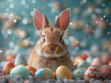 Easter bunny sitting surrounded by easter eggs, easter card. space for text.の素材