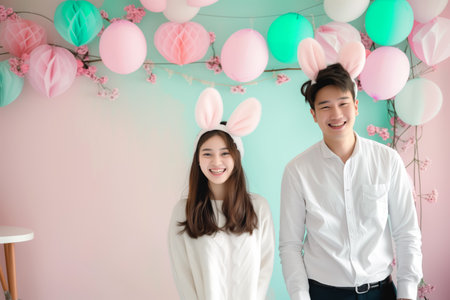 Happy Asian couple in bunny ears on festive background. Easter concept.の素材