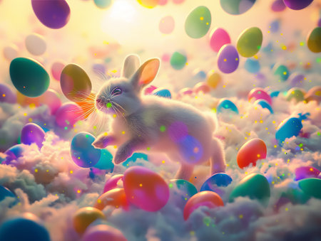 Cute bunny jumping around easter eggs. Concept of happy easter day. space for text.の素材