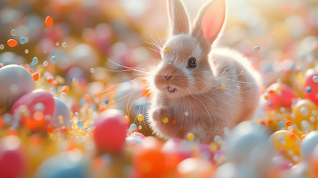 Cute bunny jumping around easter eggs. Concept of happy easter day. space for text.の素材