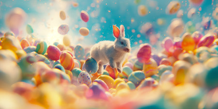 Cute bunny jumping around easter eggs. Concept of happy easter day. space for text.の素材