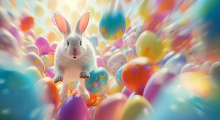 Cute bunny jumping around easter eggs. Concept of happy easter day. space for text.の素材