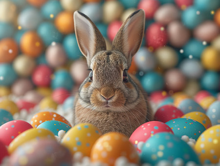 Easter bunny sitting surrounded by easter eggs, easter card. space for text.の素材