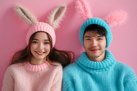 Happy Asian couple in bunny ears on pink background. Easter concept.の素材