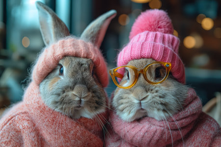 old couple of rabbits or Bunnies in glasses in the warm wearing knitted pink outfit.の素材