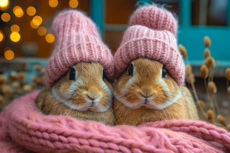 couple of rabbits or Bunnies in the snow wearing a big knitted pink scarf and hat.の素材