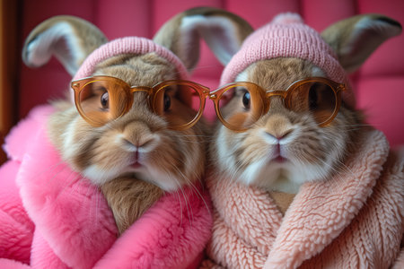 old couple of rabbits or Bunnies in glasses in the warm pink outfits.の素材