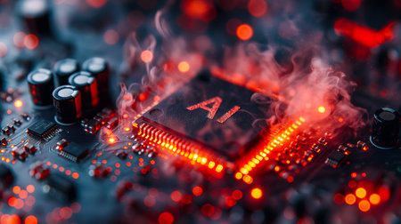 Advanced computer processor with artificial intelligence acceleration is burning in a dark digital environment. Futuristic microchipの素材