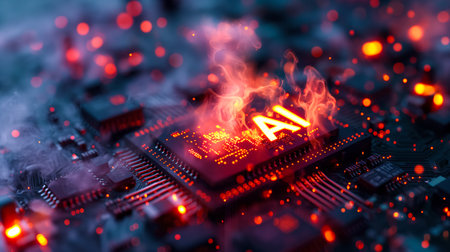 Advanced computer processor with artificial intelligence acceleration is burning in a dark digital environment. Futuristic microchipの素材