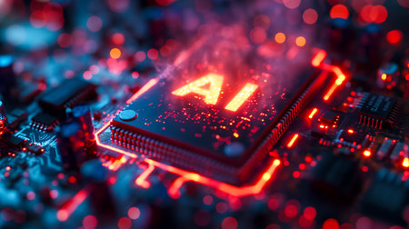 Advanced computer processor with artificial intelligence acceleration is burning in a dark digital environment. Futuristic microchipの素材