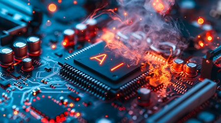 Advanced computer processor with artificial intelligence acceleration is burning in a dark digital environment. Futuristic microchipの素材