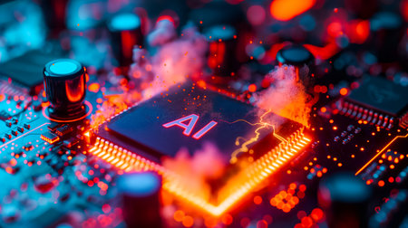Advanced computer processor with artificial intelligence acceleration is burning in a dark digital environment. Futuristic microchipの素材