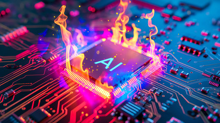 Advanced computer processor with artificial intelligence acceleration is burning in a dark digital environment. Futuristic microchipの素材