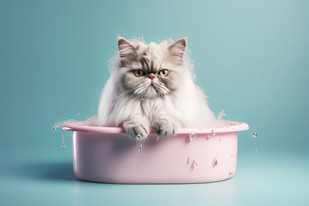 confused cat in soap in bathtub. cat grooming concept.の素材