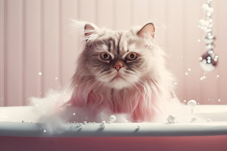 confused cat in soap in bathtub. cat grooming concept.の素材