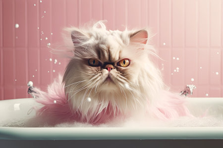 confused cat in soap in bathtub. cat grooming concept.の素材