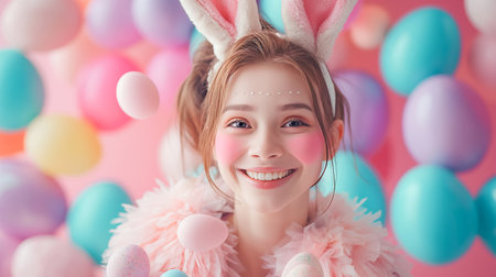 cute young girl in bunny costume and Easter eggs on yellow background, Easter holiday card with free spaceの素材