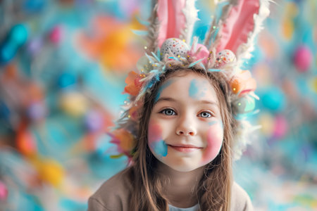 cute little girl in bunny costume and Easter eggs on yellow background, Easter holiday card with free spaceの素材