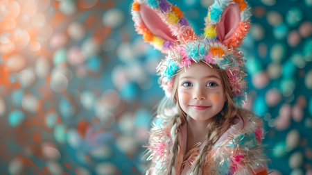 cute little girl in bunny costume and Easter eggs on yellow background, Easter holiday card with free spaceの素材
