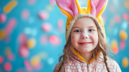cute little girl in bunny costume and Easter eggs on yellow background, Easter holiday card with free spaceの素材