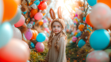 cute little girl with bunny ears outdoor against decorated Easter location.の素材