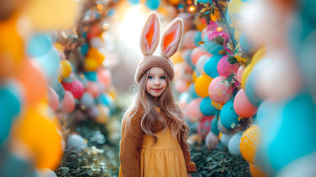 cute little girl with bunny ears outdoor against decorated Easter location.の素材