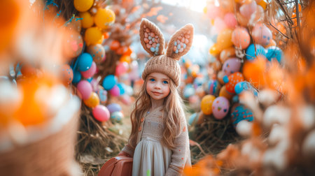cute little girl with bunny ears outdoor against decorated Easter location.の素材