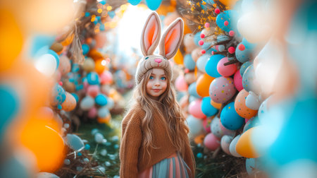 cute little girl with bunny ears outdoor against decorated Easter location.の素材